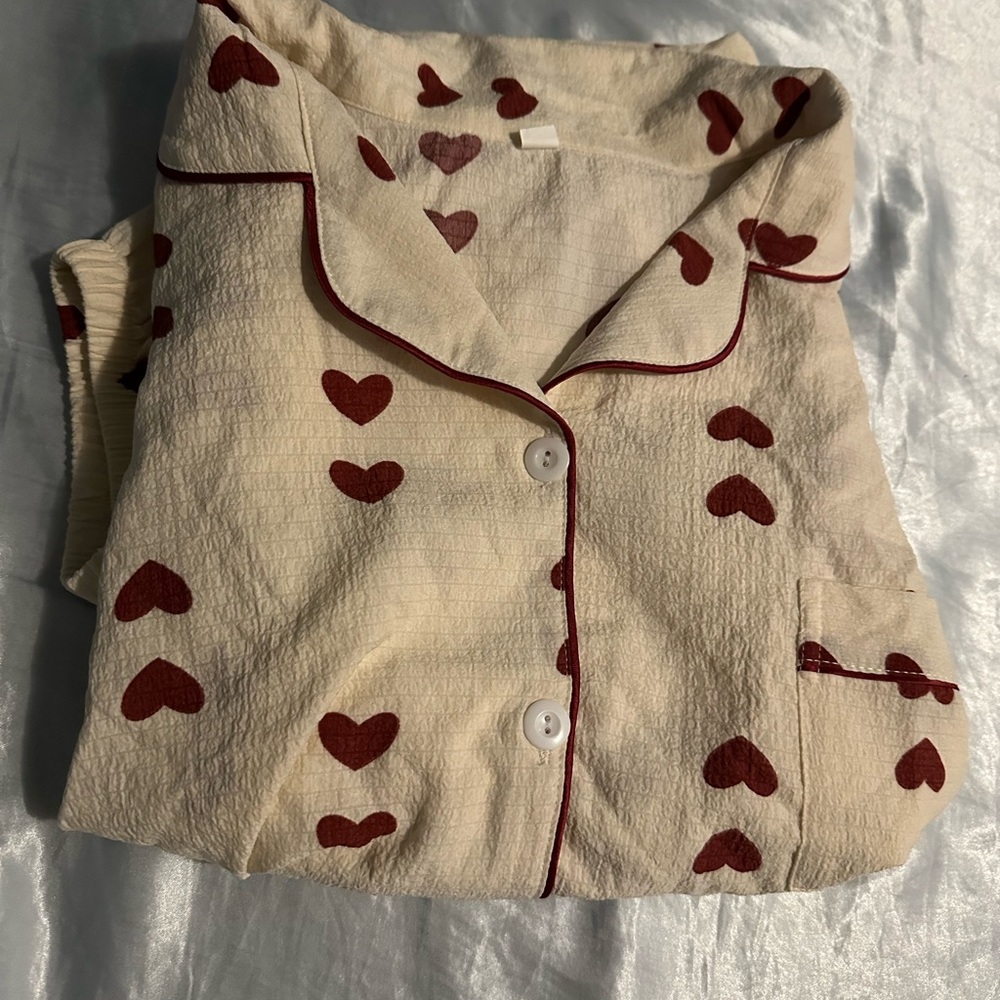 Cream Pajama Set with Red Heart Pattern